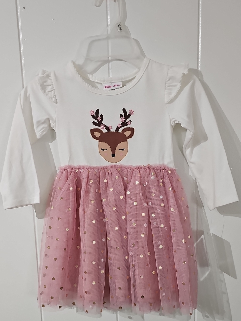 Little Lass Girls Pink Deer Tulle Dress Long Sleeves Size 2T